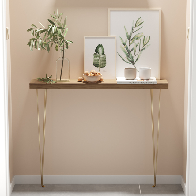 1000mm Rustic Walnut Narrow Rectangular Console Table with Wooden Top & Metal Legs - image 1