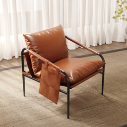 Brown Leather Accent Chair with Metal Frame - thumbnail 2
