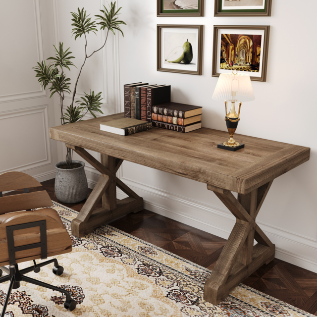 Vintage Style Pine wood Office Writing Desk with Trestle Leg in Natural Farmhouse Home Office Furniture Rectangular (120 cm) - image 1