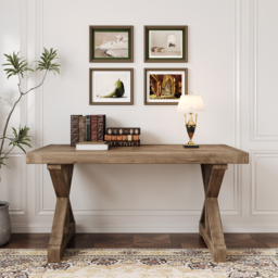 Vintage Style Pine wood Office Writing Desk with Trestle Leg in Natural Farmhouse Home Office Furniture Rectangular (120 cm) - thumbnail 3