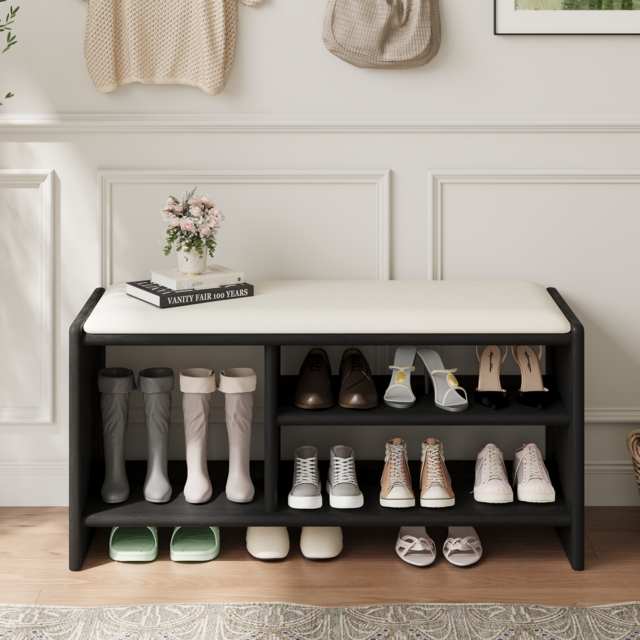 Modern Leather Upholstered Entryway Bench in Black  Wood Shoe Storage (1200mm Wide) - image 1