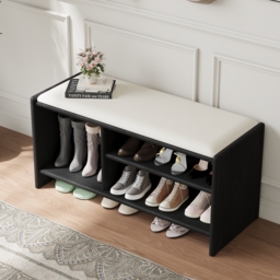 Modern Leather Upholstered Entryway Bench in Black  Wood Shoe Storage (1200mm Wide) - thumbnail 3