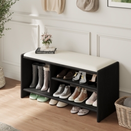 Modern Leather Upholstered Entryway Bench in Black  Wood Shoe Storage (1200mm Wide) - thumbnail 2