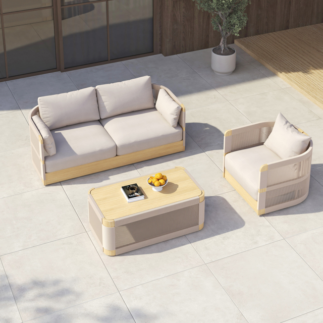 Costra 3-Piece Modern Aluminium & Rope Outdoor Swivel Sofa Set with Coffee Table in Khaki for 4 - image 1