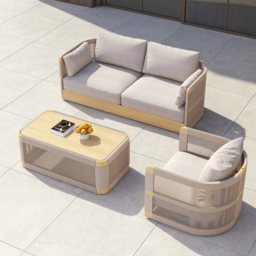 Costra 3-Piece Modern Aluminium & Rope Outdoor Swivel Sofa Set with Coffee Table in Khaki for 4 - thumbnail 2