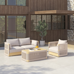 Costra 3-Piece Modern Aluminium & Rope Outdoor Swivel Sofa Set with Coffee Table in Khaki for 4 - thumbnail 4