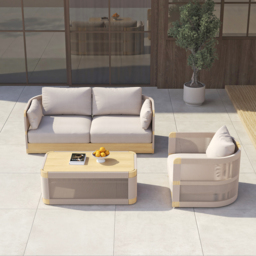 Costra 3-Piece Modern Aluminium & Rope Outdoor Swivel Sofa Set with Coffee Table in Khaki for 4 - thumbnail 3