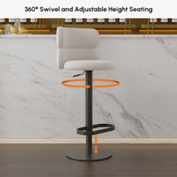 Bar Stool Velvet Upholstery Swivel Warm White with Backrest Adjustable Height in Black Finish Counter Stool - thumbnail 7