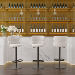 Bar Stool Velvet Upholstery Swivel Warm White with Backrest Adjustable Height in Black Finish Counter Stool - thumbnail 2