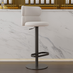 Bar Stool Velvet Upholstery Swivel Warm White with Backrest Adjustable Height in Black Finish Counter Stool - thumbnail 1
