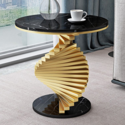 Round Marble Tabletop End Table with Metal Frame Modern Black & Gold Side Table - thumbnail 1