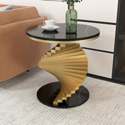 Round Marble Tabletop End Table with Metal Frame Modern Black & Gold Side Table - thumbnail 4