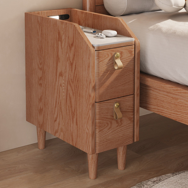 Modern Narrow Smart Nightstand Cherry Bedside Table with Sensor Light & USB Port Set of 2 - image 1