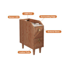 Modern Narrow Smart Nightstand Cherry Bedside Table with Sensor Light & USB Port Set of 2 - thumbnail 4