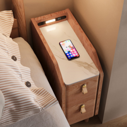 Modern Narrow Smart Nightstand Cherry Bedside Table with Sensor Light & USB Port Set of 2 - thumbnail 3
