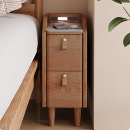 Modern Narrow Smart Nightstand Cherry Bedside Table with Sensor Light & USB Port Set of 2 - thumbnail 2
