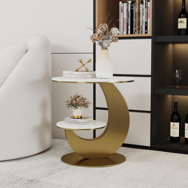 Round Faux Marble 2 Tier End Table Modern White & Gold Side Table - image 1
