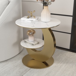 Round Faux Marble 2 Tier End Table Modern White & Gold Side Table - thumbnail 3