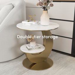 Round Faux Marble 2 Tier End Table Modern White & Gold Side Table - thumbnail 7