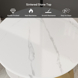 Round Faux Marble 2 Tier End Table Modern White & Gold Side Table - thumbnail 6