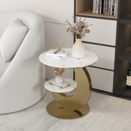 Round Faux Marble 2 Tier End Table Modern White & Gold Side Table - thumbnail 4