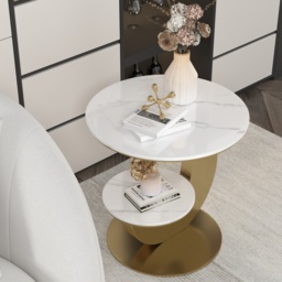 Round Faux Marble 2 Tier End Table Modern White & Gold Side Table - thumbnail 2