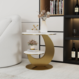 Round Faux Marble 2 Tier End Table Modern White & Gold Side Table
