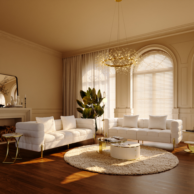 Living Room Set 200 cm White Boucle Upholstered Fluted 3-Seater Sofa Set of Two with Pillows - image 1