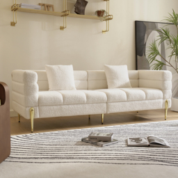 Living Room Set 200 cm White Boucle Upholstered Fluted 3-Seater Sofa Set of Two with Pillows - thumbnail 9