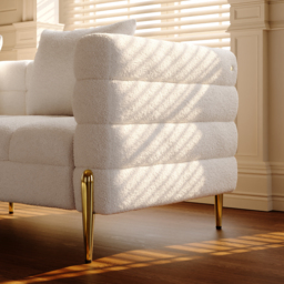 Living Room Set 200 cm White Boucle Upholstered Fluted 3-Seater Sofa Set of Two with Pillows - thumbnail 7
