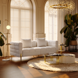 Living Room Set 200 cm White Boucle Upholstered Fluted 3-Seater Sofa Set of Two with Pillows - thumbnail 4