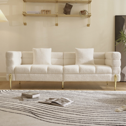 Living Room Set 200 cm White Boucle Upholstered Fluted 3-Seater Sofa Set of Two with Pillows - thumbnail 8