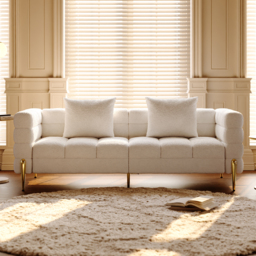 Living Room Set 200 cm White Boucle Upholstered Fluted 3-Seater Sofa Set of Two with Pillows - thumbnail 3