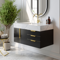 Aro 900mm Black Wall Mounted Bathroom Vanity Drawers Faux Marble Top - thumbnail 3