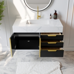 Aro 900mm Black Wall Mounted Bathroom Vanity Drawers Faux Marble Top - thumbnail 4