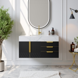 Aro 900mm Black Wall Mounted Bathroom Vanity Drawers Faux Marble Top