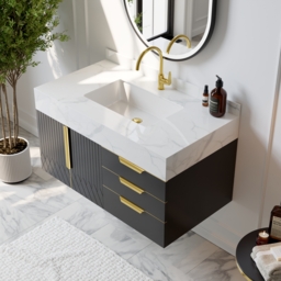 Aro 900mm Black Wall Mounted Bathroom Vanity Drawers Faux Marble Top - thumbnail 2