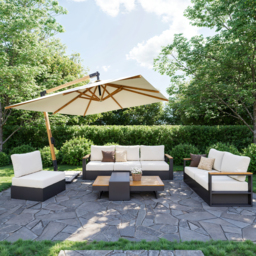 Convertible Outdoor Sectional Sofa Set with Teak & Aluminium Frame, Dark Grey & Warm White - thumbnail 4