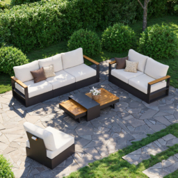 Convertible Outdoor Sectional Sofa Set with Teak & Aluminium Frame, Dark Grey & Warm White - thumbnail 1