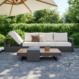 Convertible Outdoor Sectional Sofa Set with Teak & Aluminium Frame, Dark Grey & Warm White - thumbnail 3