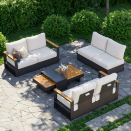 Convertible Outdoor Sectional Sofa Set with Teak & Aluminium Frame, Dark Grey & Warm White - thumbnail 2
