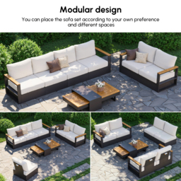Convertible Outdoor Sectional Sofa Set with Teak & Aluminium Frame, Dark Grey & Warm White - thumbnail 6