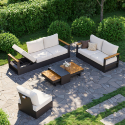 Convertible Outdoor Sectional Sofa Set with Teak & Aluminium Frame, Dark Grey & Warm White - thumbnail 1