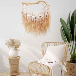 Large Handmade Boho Woven Raffia Wood Tapestry Natural Cotton Macrame Wall Hanging - thumbnail 2