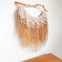 Large Handmade Boho Woven Raffia Wood Tapestry Natural Cotton Macrame Wall Hanging - thumbnail 9