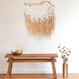 Large Handmade Boho Woven Raffia Wood Tapestry Natural Cotton Macrame Wall Hanging - thumbnail 8