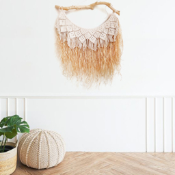 Large Handmade Boho Woven Raffia Wood Tapestry Natural Cotton Macrame Wall Hanging - thumbnail 4