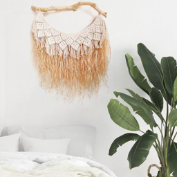 Large Handmade Boho Woven Raffia Wood Tapestry Natural Cotton Macrame Wall Hanging - thumbnail 7