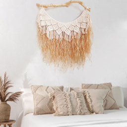 Large Handmade Boho Woven Raffia Wood Tapestry Natural Cotton Macrame Wall Hanging - thumbnail 5