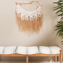 Large Handmade Boho Woven Raffia Wood Tapestry Natural Cotton Macrame Wall Hanging - thumbnail 6
